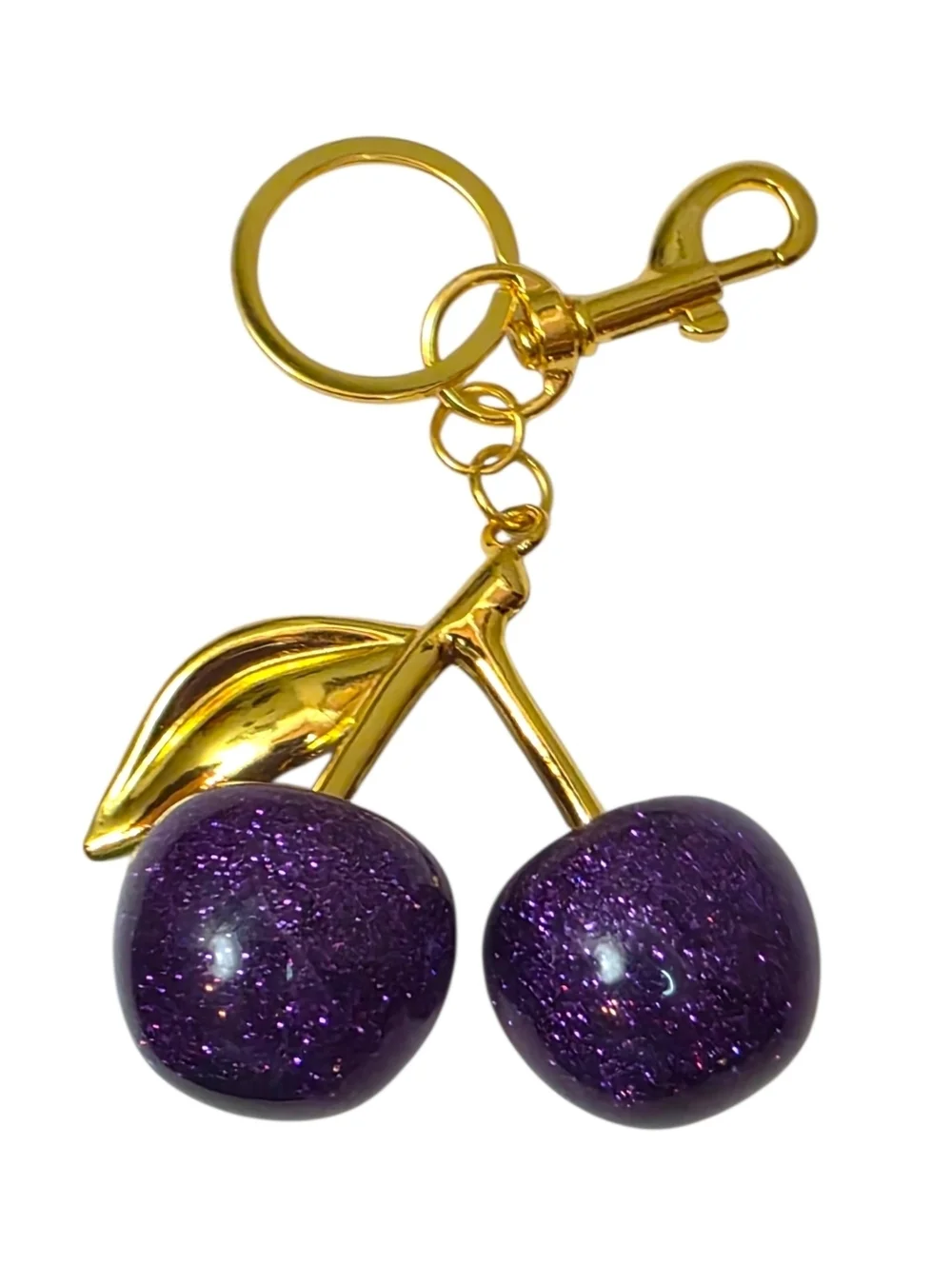 Large Purple Glitter Cherry Charm with shiny Gold Hardware